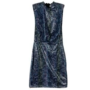 NWOT ASOS Dress 4 Blue Iridescent Sequins Snakeskin High-Neck Shoulder-Pad Zip